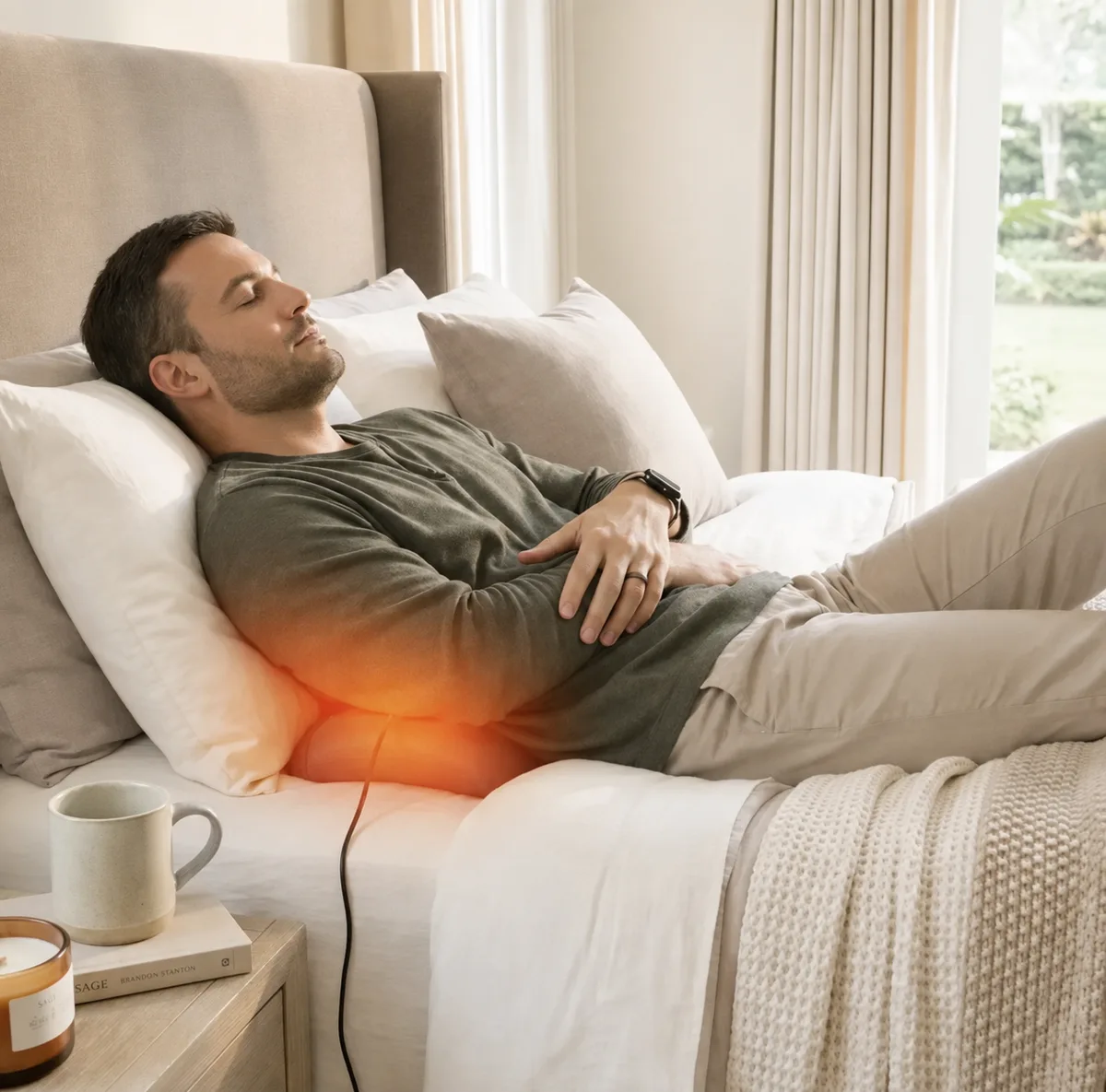 Client utilisant le SpinePod sous les lombaires sur son canapé