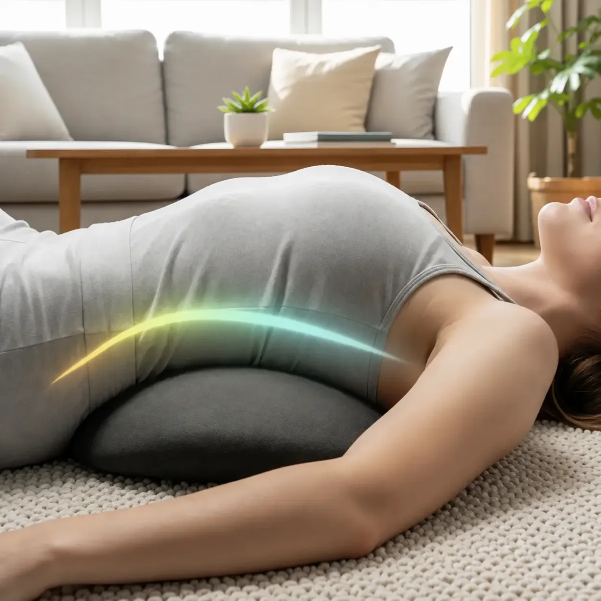 Femme enceinte au salon adoptant une posture confortable pour le dos